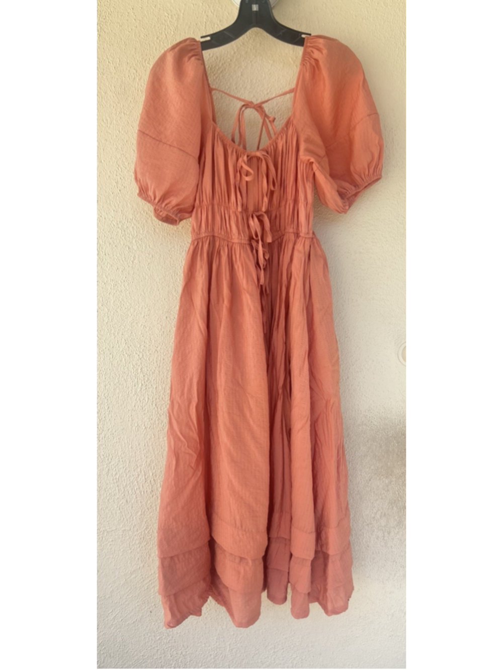 Moon River Peach Coral Puff Sleeve Midi Dress S Bow Empire Waist Cottage Prairie